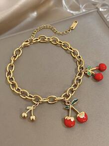 1Pc Golden Sweet & Edgy Cherry Charm Bracelet With Enamel Leaves For Women Girls, 18K Gold Plated Stainless Steel Stackable Chunky Chain, Mom Gift Christmas Thanksgiving Halloween Wedding Rave/Prom/Party/Daily Accessories Gift For Anniversary Valentine's Day Boho Jewelry Birthday Bridesmaid Gifts