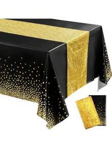 2pcs/Pack Tablecloth And Sequin Table Runner Set Polka Dots Confetti Table Cover Dining Plastic Table Cloths Glitter Decorations For Birthday Wedding Anniversary Party Supplies