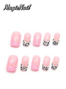 10 Pieces Of Pure Hand-Pressed Wearing Nail, 25mm Square Nail Pieces, Pink Blush Contrasting Color, Thread Convex, Pink And White Contrasting Color Hand-Painted Black Dot Leopard Pattern, Hand-Kneaded Raised Flowers With Golden Small Ball Stamens. Spring And Summer Style, Ballet Style. It Is Suitable For Daily Leisure Vacations, And Can Be Worn When Attending Dances, Banquets, Parties And Other Activities.