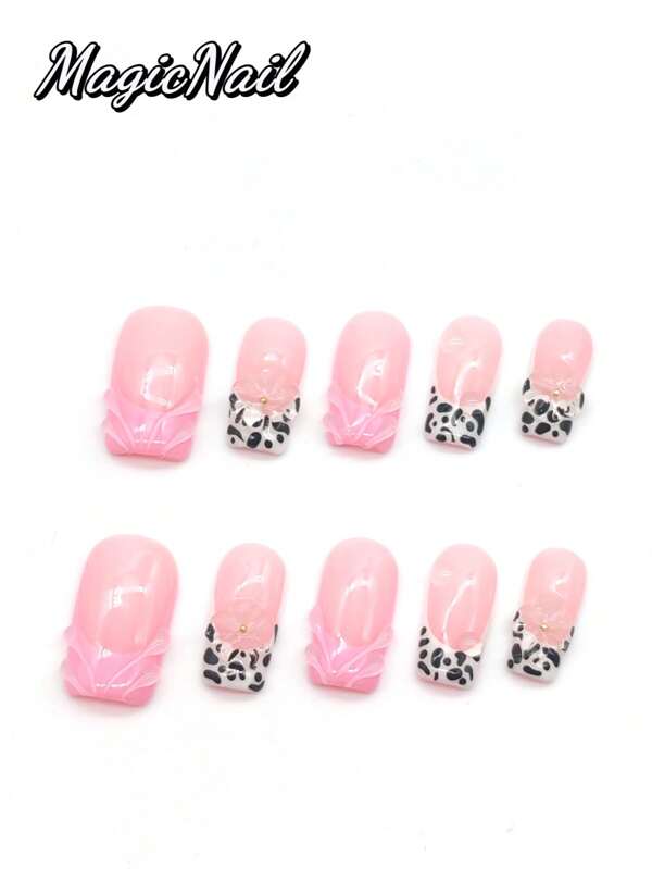 10 Pieces Of Pure Hand-Pressed Wearing Nail, 25mm Square Nail Pieces, Pink Blush Contrasting Color, Thread Convex, Pink And White Contrasting Color Hand-Painted Black Dot Leopard Pattern, Hand-Kneaded Raised Flowers With Golden Small Ball Stamens. Spring And Summer Style, Ballet Style. It Is Suitable For Daily Leisure Vacations, And Can Be Worn When Attending Dances, Banquets, Parties And Other Activities.