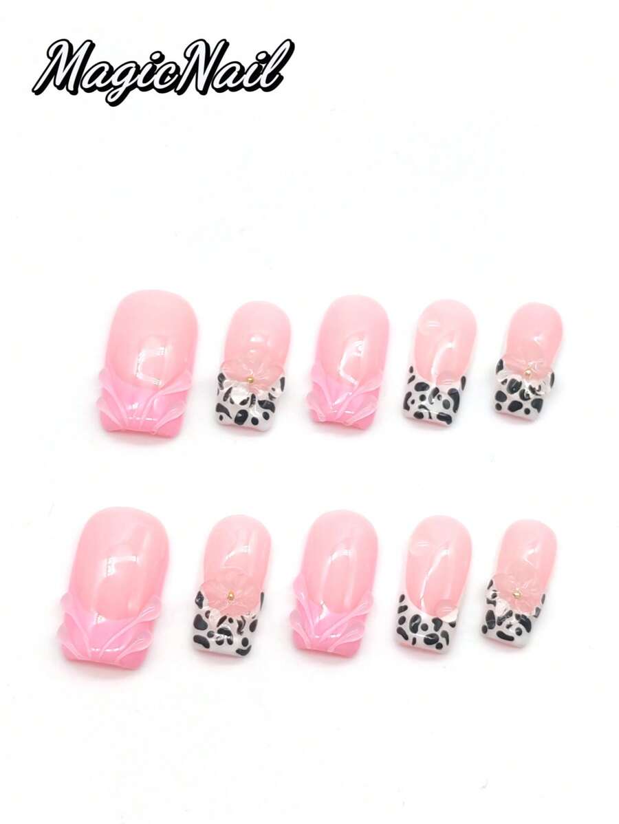 10 Pieces Of Pure Hand-Pressed Wearing Nail, 25mm Square Nail Pieces, Pink Blush Contrasting Color, Thread Convex, Pink And White Contrasting Color Hand-Painted Black Dot Leopard Pattern, Hand-Kneaded Raised Flowers With Golden Small Ball Stamens. Spring And Summer Style, Ballet Style. It Is Suitable For Daily Leisure Vacations, And Can Be Worn When Attending Dances, Banquets, Parties And Other Activities.