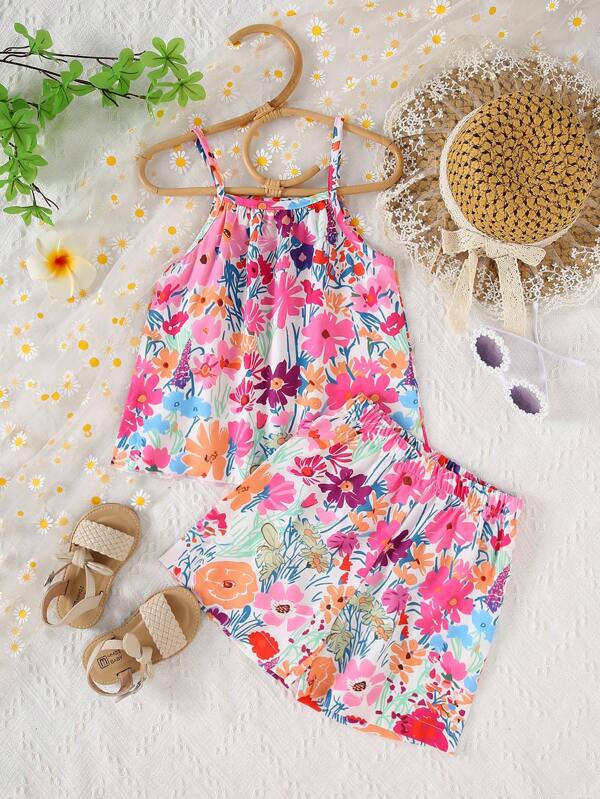 Conjunto de 2 peças de camisola com estampa floral para meninas, estilo fofo para passeios e fotografia, primavera/verão