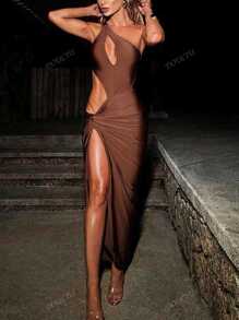 European And American Streetwear Style Asymmetric Hollow-Out Sexy High Slit Bodycon Dress For Women