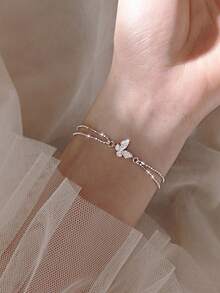 BALMORA 1 PC S925 Sterling Silver Butterfly Inlaid Cubic Zirconia Double-Layer Bracelet Exudes A Fresh And Elegant, With A Delicate Chain For Women - Silver - View 2