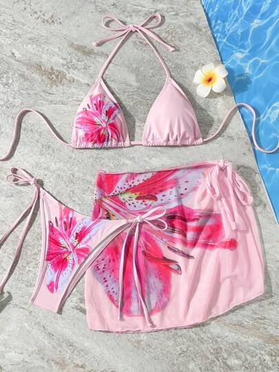 3pcs/Set Ombre Tropical Floral Print Women's Bikini Set, Adjustable Bikini Strap, Tie Side Bottoms, High Coverage Wrap Skirt For Beach & Party, Ladies Swimsuit