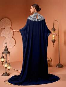 New Luxury Fashion Elegant Pearl Embroidery & Sequin Lace Collar Two Pieces Robe Dress For Women - Navy Blue - View 6