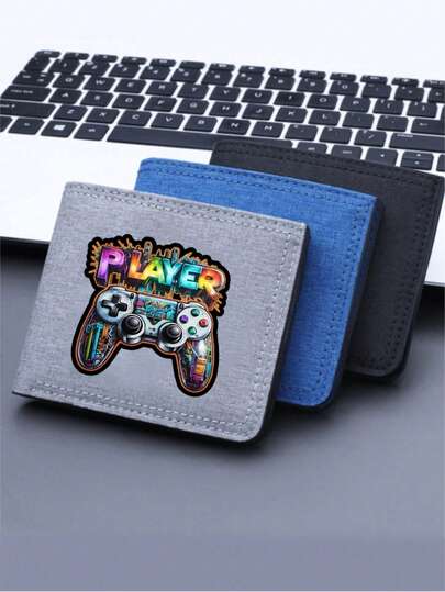 1 件卡通彩色游戏控制器图案印花帆布钱包，小众设计多卡槽钱包，带信用卡夹的双钱包，轻巧便携的多卡槽钱包，送给青少年的完美礼物