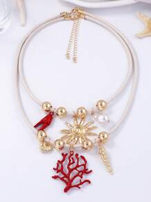 1pc Luxurious High-End Design Ocean Vacation Style Alloy Coral Faux Pearl Pendant Double Layer Leather Cord Necklace For Women, Versatile