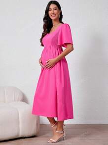 Vestido de maternidade novo, primavera/verão 2025, com gola quadrada, mangas bufantes e bainha alargada