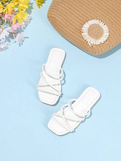 1 par de sandalias planas tejidas a rayas para niñas