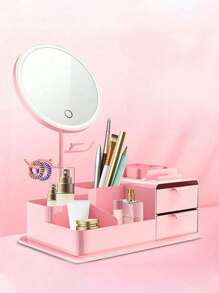 1 Stück Schminkkoffer mit Spiegel, LED-Schminkkoffer mit Schreibtischspiegel, Schubladenaufbewahrung, stufenloses Dimmen des Touchscreens, geeignet für Schreibtisch-Make-up, Badezimmer, Büro, Schminkspiegel mit Nachtlicht