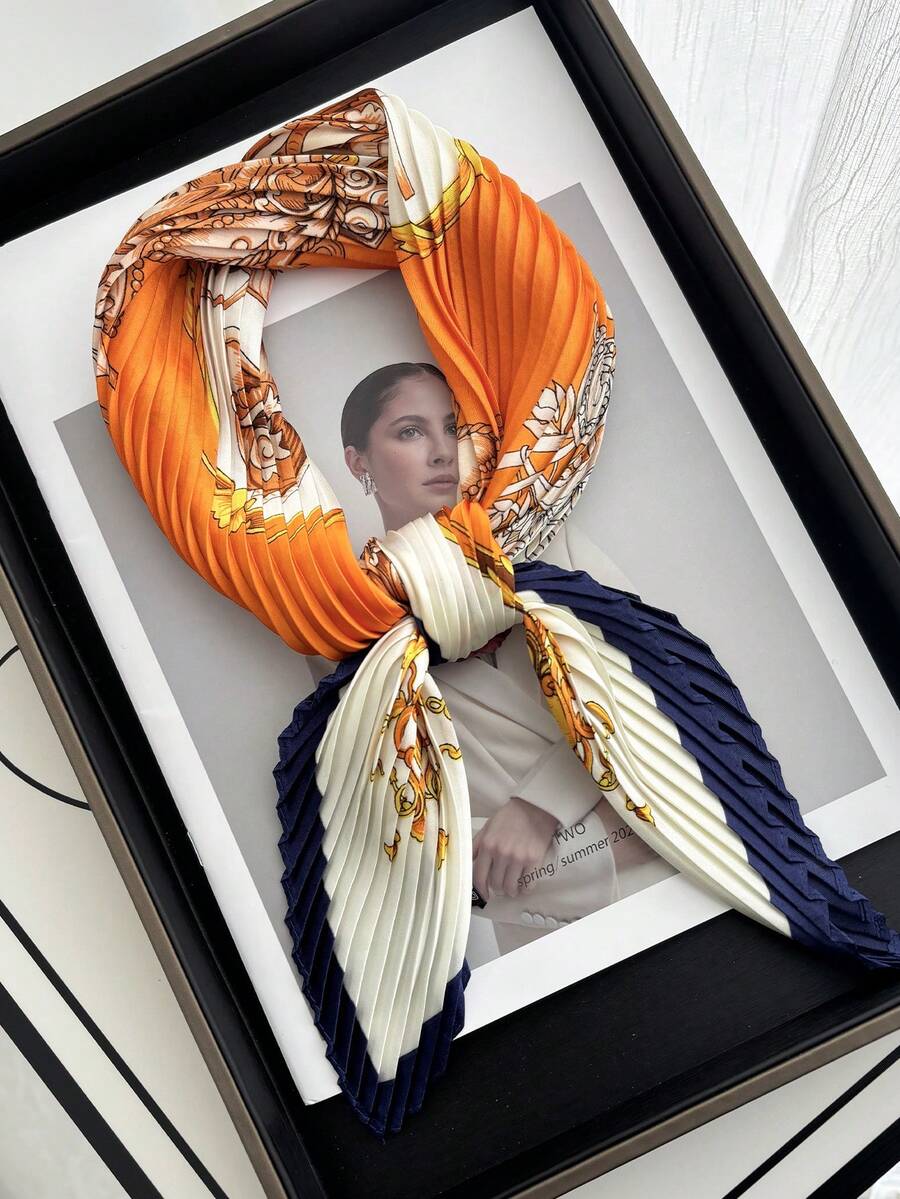 1 Pc Women's Spring New Pattern Bandana Wrinkle Print Scarf Neck Wrap Headband Multi-Function Tie Strap, Suitable For Daily Use