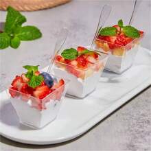 10/20/30/50pcs Ice Cream Cups With Lids & Spoons, Dessert Cups, Party Cups, Mini Square Cups Suitable For Fruit, Milk, Smoothie, Beverage, Ice Cream, Suitable For Parties Etc.