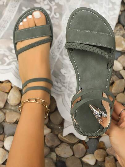 Summer Casual Strappy Slip-On Flat Sandals, Versatile Open-Toe Roman Flat Sandals In Brown, Khaki, Black, Olive Green