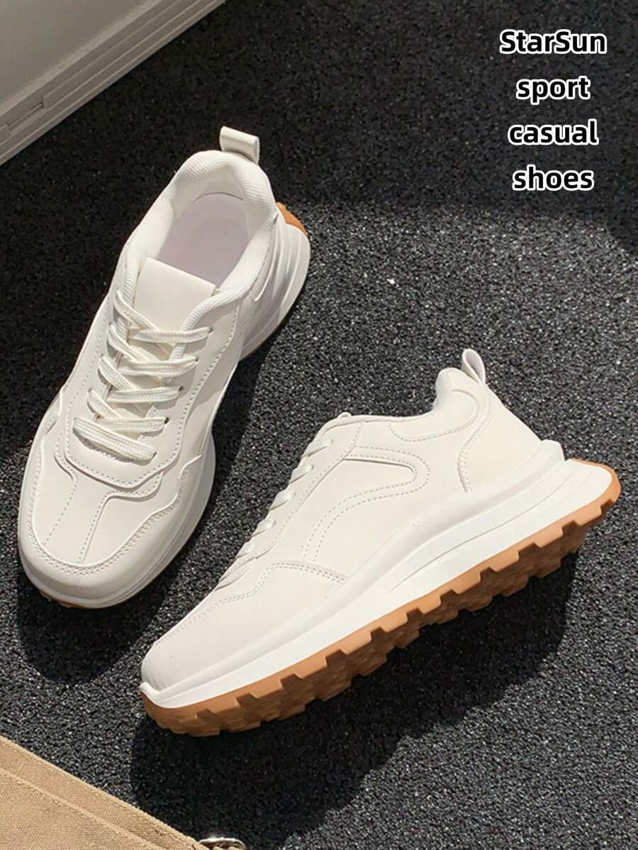 Damen Schnürstiefel mit rundem Zehenbereich, dicker Sohle, mehrzweck Modische Lässig Sportschuhe, Gummisohle, wasserdicht, rutschfest, abriebfest, leicht, Sneaker vielseitig für den täglichen Gebrauch, Frühling/Herbst, Milchweiß