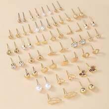 30pcs/Set Fashionable Cute Simple Metal Faux Pearl Heart Geometric Leaf Flower Rhinestone Earring Studs Set, Multi-Piece Jewelry For Daily Wear - Multicolor - View 3