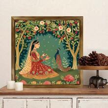 1PC Mughal Paintings Inspired Art Decor Traditional Palace Art Garden Botanical Art Prints Peacocks Animal Bride Playful Wood Decorative Paintings, Canvas Wall Posters, Optional: Framed + Frameless, Suitable For Bedroom, Dining Room, Living Room, TV Cabinet, Table Top, Perfect Gift, Surprise Yourself And Friends