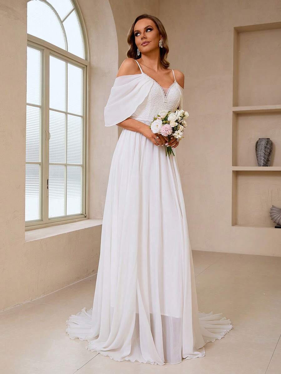 Elasola Women's Wedding Dress, Pure White Chiffon Cold Shoulder Lace Floor Length Elegant Evening Dress, Valentine's Day Spring - White - View 1