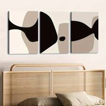 Juego de 3 obras de arte abstractas modernas y minimalistas en tonos neutros de negro y beige para decoración de granero, arte de pared para dormitorio, sala de estar, imprimible, marco de madera