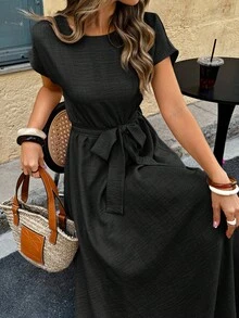 Women's Textured A-Line Ruched Long Dress, Faux Linen - Black - View 2