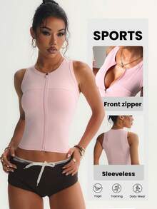 FWH 女式无袖短款拉链夹克 - 高腰修身，有弹性，适合瑜伽、跑步、普拉提、健身房 | 性感纯粹的欲望风格，凸显胸部和腰部，百搭夏季外套