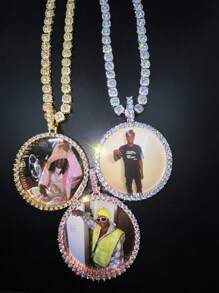 Customized Large Round Frame Photo Pendant Necklace, Brass & Zirconia Sparkling, DIY Photo, Hip Hop Daily Wear Jewelry, With 50cm Twisted Chain Gift, Silver, Stylish, Colorful, Vintage, Simple, Unisex, Casual, Cuties, Custom, Personalized, Unique, Ideal Gifts For Him, Middle School Students, High School Senior High School Students, College Students, University Students, Freshman, Sophomore, Underclassmen,Chic Autum, Chic Winter