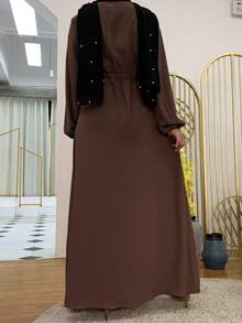 Women's Fashion Turndown Collar Solid Color Long Sleeve Dress, Loose Long Dress Spring - Coffee Brown - View 3