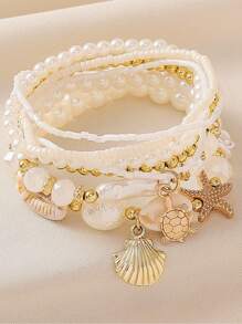 7pcs/Set 2025 New Design Charms Bohemia Summer Beach With Gold Starfish ,Sea Turtle,Shell , Pearls Beads Bracelets For Women Daily Prome Dress Legance Western Bracelets Accessories Jewelry Sets For Girls