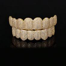 THATBOY A Set Of Fashionable Top And Bottom Teeth With Sparkling Cubic Zirconia Stones, Unique Hip Hop Design Teeth Grillz For Unisex Party Wear Copper Jewelry - Multicolor - View 12