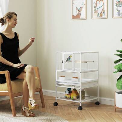 PawHut Bird Cage Parrot Cage With Rolling Stand Acrylic Viewing Panels White