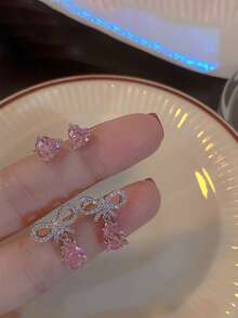 4件套粉色水晶吊坠耳环，女士时尚蝴蝶结耳环，新娘婚礼派对首饰，送给闺蜜、女友、妻子的礼物，优雅高贵。情人节配饰 - 粉色 - 查看 5