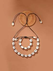 2pcs Fashion Personalized Shell Necklace And Braided Rope Bracelet Set, Beach Style - Shell Necklace Set - View 5