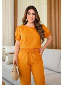 Women 2 Piece Set Casual Elegant Pleated Blouse Cotton Linen Pants With Ruffles On Scrub Sleeve Colors Fashion Spring Summer 2025 Women Clothing
