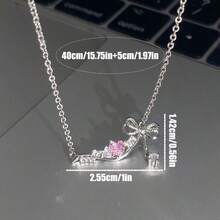 1pc Pink Heart & Bow Pendant Necklace, Elegant Luxury Sweet Style Precision Clavicle Chain Decorated With Synthetic Cubic Zirconia, Versatile Accessory For All Year