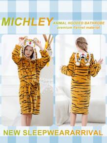 MICHLEY MICHLEY 1pc Kids Hooded Bathrobe With Belt Pockets Cartoon Animal Tiger Style Soft And Comfortable Nightgown Unisex Suitable For Living Room, Swimming Pool, Bathroom Kids Gift