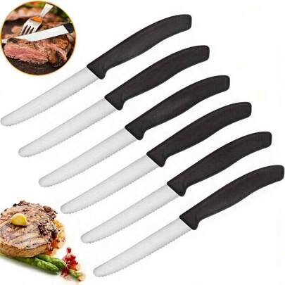 1/3 Piezas Juego de cubiertos, Cubertería premium de acero inoxidable - Cuchillo de tomate, Cuchillo de desayuno, Cuchillo de pan con mango negro, Hoja afilada, Corte ondulado, Cuchillo de desayuno multiusos, Apto para lavavajillas