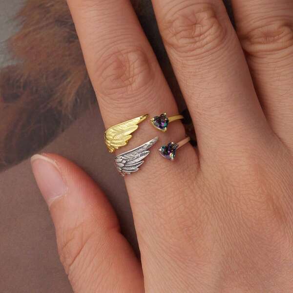 bamoer 1 PC Genuine 925 Sterling Silver Wing & Heart Open Ring Heart Shaped CZ Adjustable Ring For Women Protection Finger Ring Fine Jewelry Birthday Gift