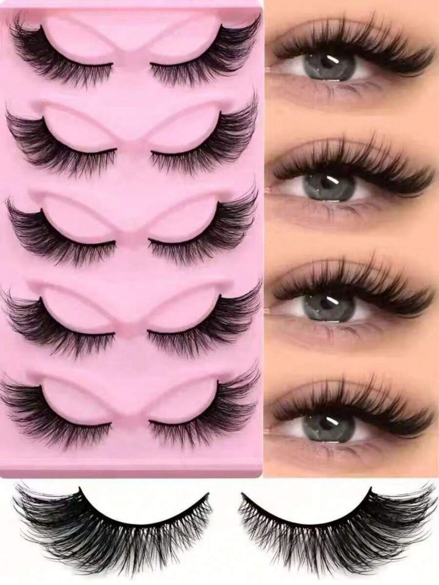 5 Pairs Natural Full Strip Fake Lashes, Thick & Fluffy Dramatic Lashes, Charming Eye Makeup, Suitable For Daily, Party & Travel
