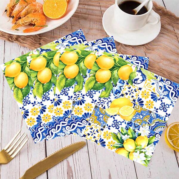 20PCS Blue Tile Lemon Paper Napkins Summer Fruit Disposable Napkins Lemon Print Decorative Napkins Suitable For Party Supplies Table Decorations