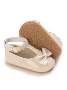 Newborn Infant Girls Princess Style Bow Decor Mary Jane Shoes, Non-Slip Rubber Sole Soft Walking Flats