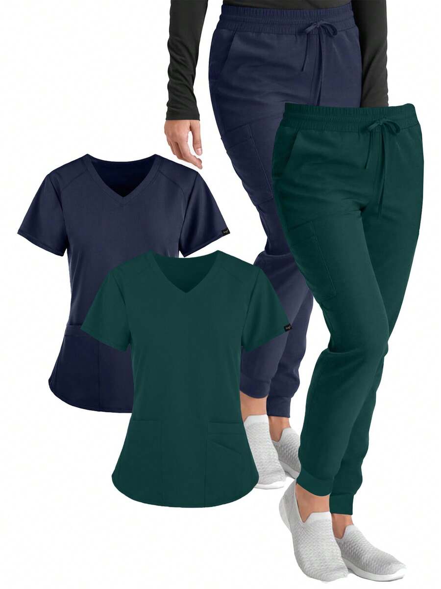 (Four-Piece Set) Scrubs Uniform Women's Running Matte Elastic Sports Nurse  Uniform Wash Clothes Work Clothes Breathable Scrub Shirt - Màu xanh lá cây đậm - Xem 1