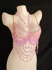 Unisex Body Chain, Couple's Intimate Accessories, Bra Decor, Sexy For Nightclub, Music Festival, Rhombus & Floral Print, Glitter, Romantic French, Pastoral Mature Charm, Luxurious Classic Sexy Acrylic Beaded Tassel Rhinestone Fringe