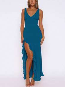 New European And American Women's Summer Ruffled Bodycon Party Dress, Versatile Evening Gown - Teal Blue - View 1