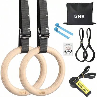 GHB Gymnastic Rings Wooden Gym Rings 1.25"  Rings Adjustable Straps Pull Up Rings Sets For Workout Bodyweight Fitness Training