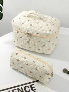 1Pc Green Makeup Bag, Quilted Toiletry Bag, Stylish And Casual Large Capacity Handbag, Tablet Storage Bag, Sanitary Napkin, Bag Cushion, Wired Headphones, Headphones, Charger, Lipstick, Cosmetics, Home Decoration, Suitable For Mothers, Students, Female Students, Office Workers, Commuting, Keys, Holiday Gifts - Beige - View 4