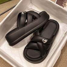 Women's Versatile Solid Color Platform Sandals, Fashion Slip-On Lightweight Durable Casual Wedge Toe-Strap Slippers For Commute In Summer - Black - View 5