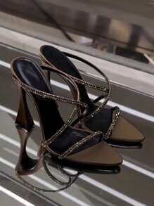 Nouvelles sandales à talons hauts en cristal marron pour femmes, sexy sandales à brides croisées à bout ouvert en satin à talon haut