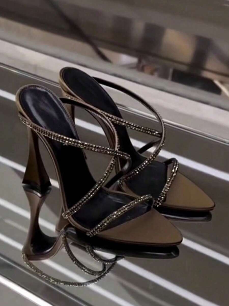 Nouvelles sandales à talons hauts en cristal marron pour femmes, sexy sandales à brides croisées à bout ouvert en satin à talon haut
