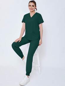 (Four-Piece Set) Scrubs Uniform Women's Running Matte Elastic Sports Nurse  Uniform Wash Clothes Work Clothes Breathable Scrub Shirt - Màu xanh lá cây đậm - Xem 8