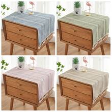 1 件波西米亚风格蓝色矩形桌布，带流苏和条纹图案，100% 涤纶编织桌布，适用于梳妆台、床头柜、橱柜、家居家具防尘罩装饰 - 彩色 - 查看 1